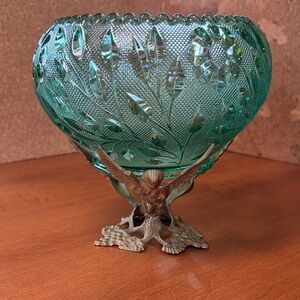 Fenton Sawtooth Ornate Green/Teal Glass Bowl with Brass Stand